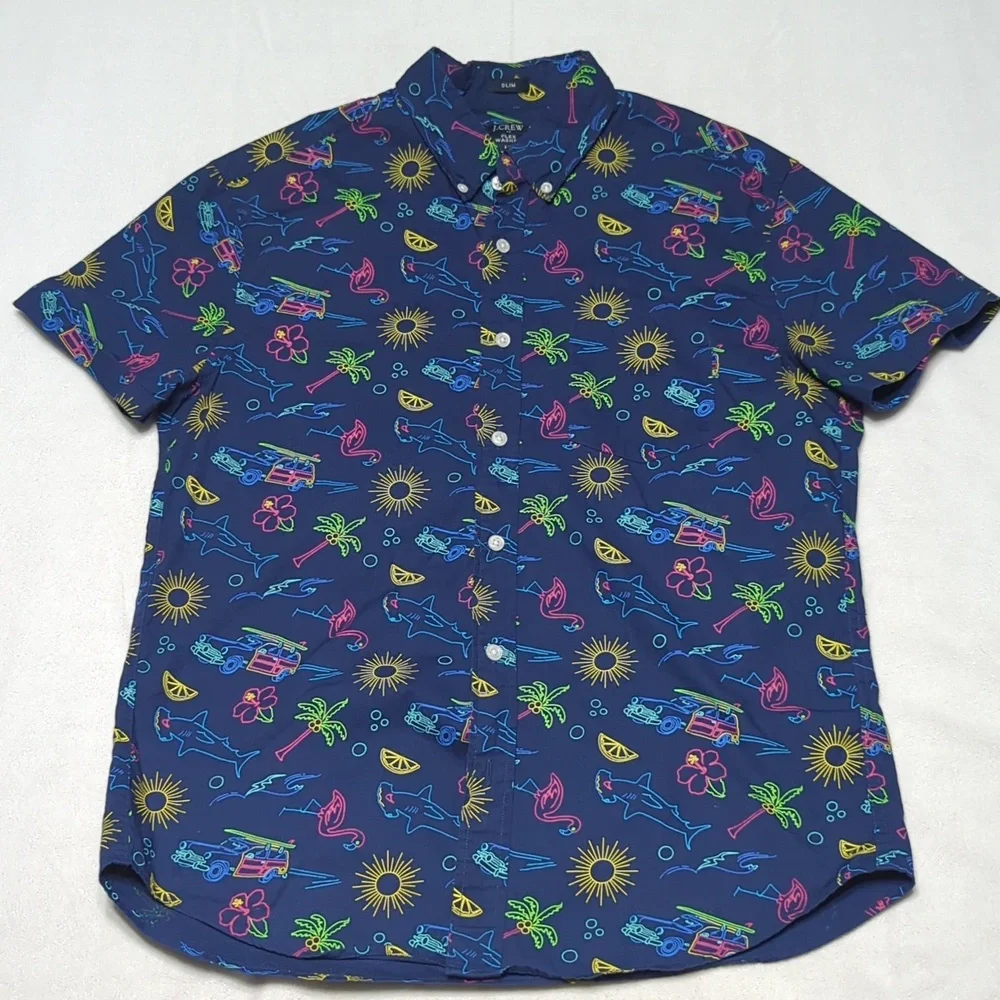 J. Crew Flex Washed Slim Fit Beach Themed Short Sleeve Mens‎ Shirt Size Medium